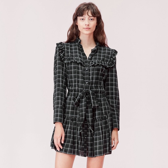 Rebecca Taylor La Vie Drapey Plaid Long Sleeve Belted Ruffle Dress - Black Combo - Picture 2 of 16